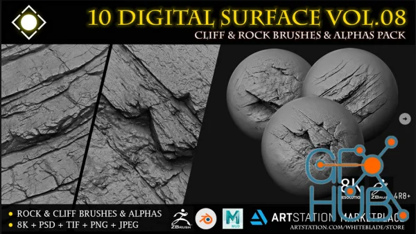 10 Digital Surface Rock & Cliff Brushes & Alphas Vol.08 - ZBrush/Blender/Mudbox/3dcoat