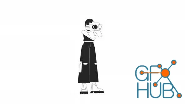Stylish Asian Traveler Taking Picture Bw Outline 2D Character Animation